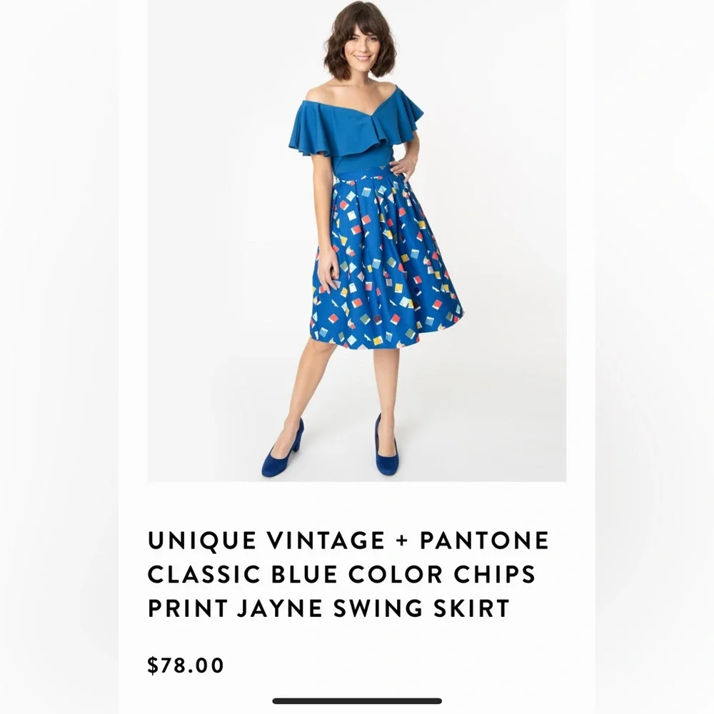 Unique Vintage x Pantone Blue Color Chips Jayne Swing Skirt - Picture 1 of 7